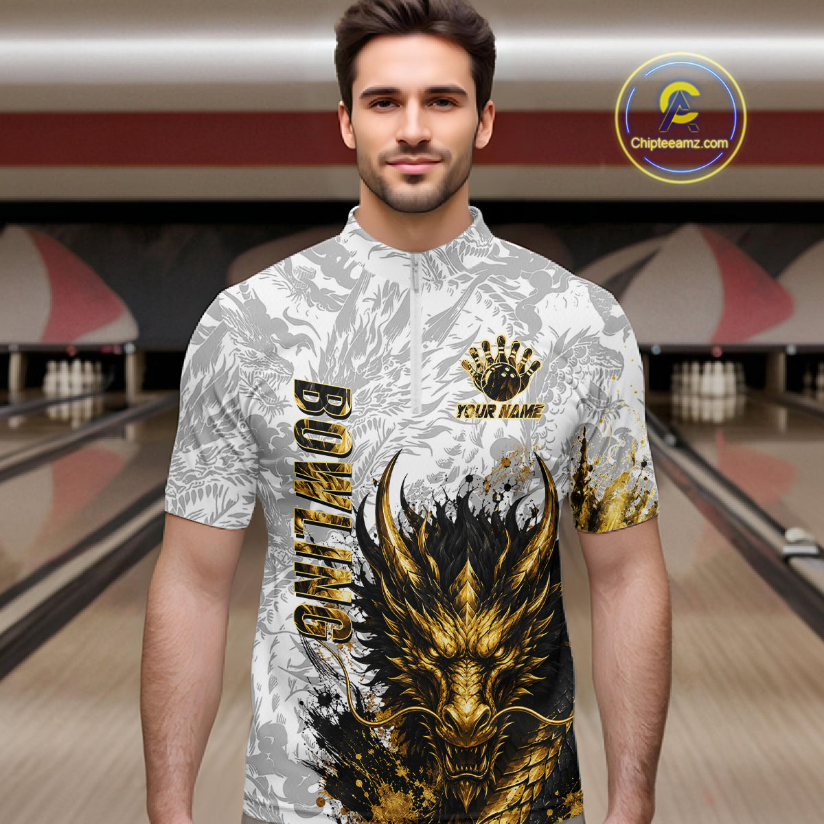 Splatter Black & Gold Bowling Polo & 1/4-Zip Shirt For Men Custom Gray Dragon Bowling Team Jersey NYN3269
