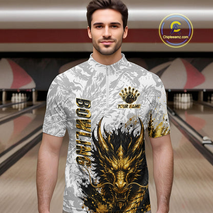 Splatter Black & Gold Bowling Polo & 1/4-Zip Shirt For Men Custom Gray Dragon Bowling Team Jersey NYN3269