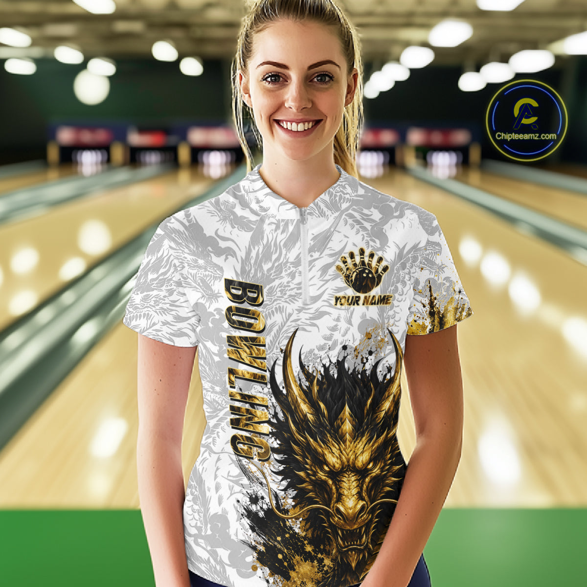 Splatter Black & Gold Bowling Polo & 1/4-Zip Shirt For Women Custom Gray Dragon Bowling Team Jersey NYN3269