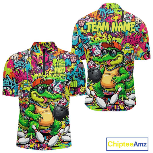 Funny Cool Crocodile Mens Bowling Shirts Custom Green Graffiti Team Bowling Jersey For Bowlers NYN3271
