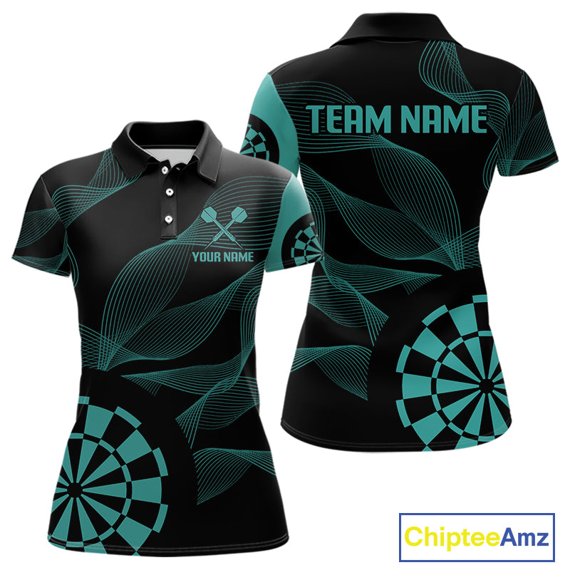 Turquoise Dartboard Waving Lines Darts Shirt For Women - Custom Name & Team Jersey NYN0586