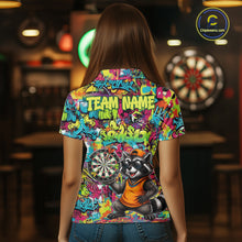 Load image into Gallery viewer, Female darts player wearing Cool Raccoon Dartboard Graffiti jersey during league and tournament matches