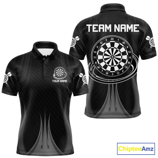 Black White Dartboard men's darts polo shirt, custom dart team jersey, personalized dartboard uniform, tournament darts apparel