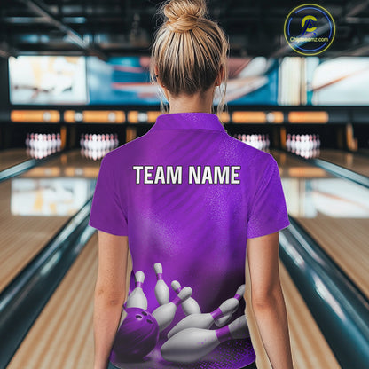 Female bowler modeling Purple bowling jersey symbolizing confidence, creativity, ambition, leadership, personalized athletic bowling apparel.