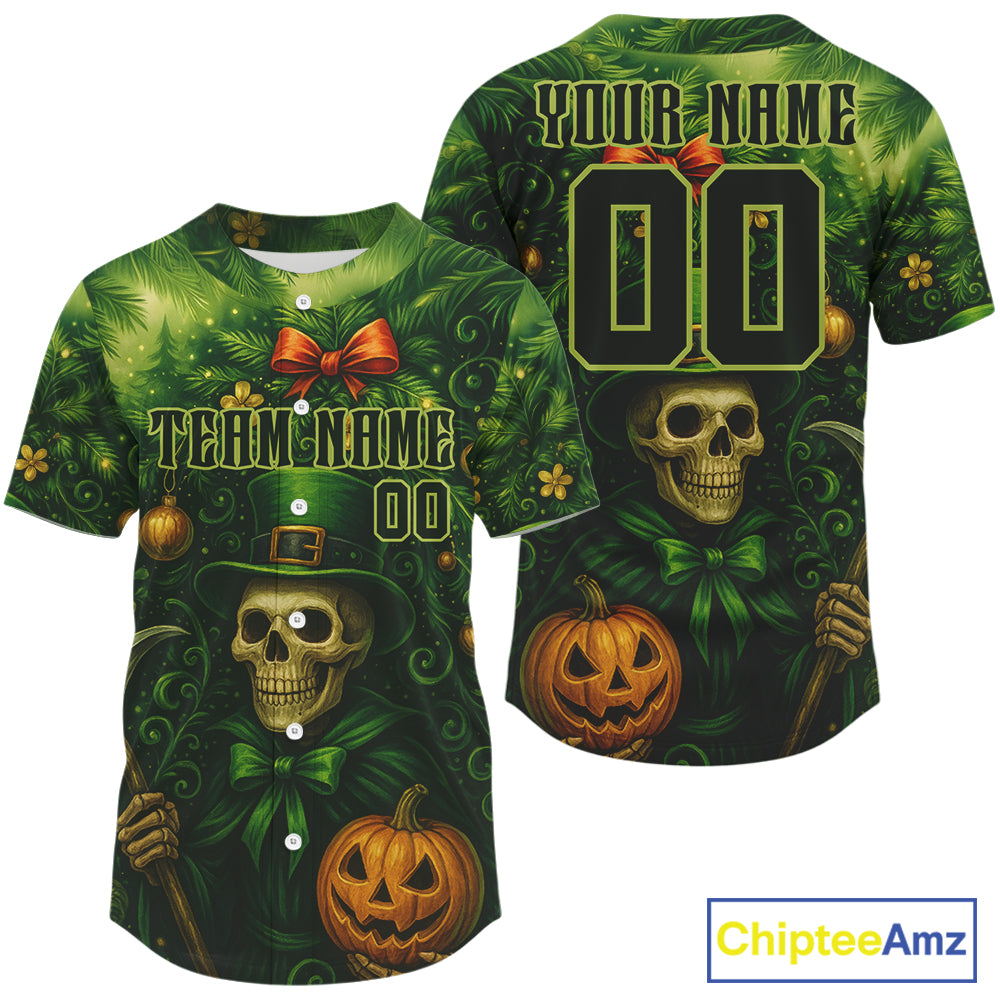 Custom Green Skull Patrick's Day Baseball Shirt For Men Xmas Tree Baseball Jerseys NYN1473