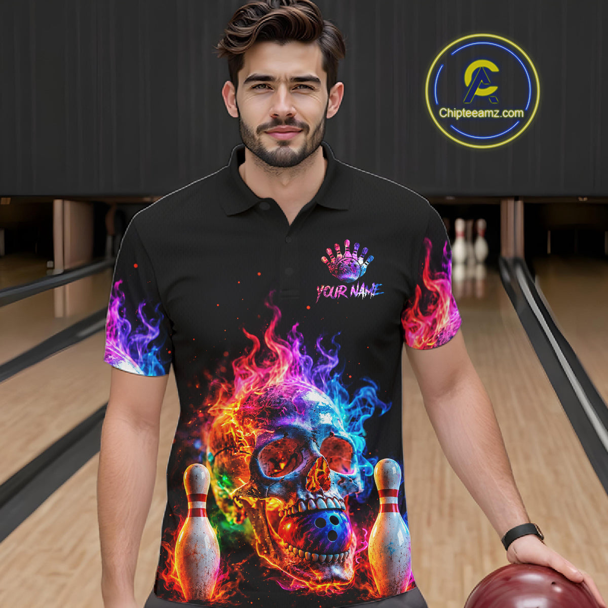 Fire Skull Bowling Team Shirt Personalized Colorful Flame Mens Bowler Polo 1/4-Zip Team Jersey NYN4548