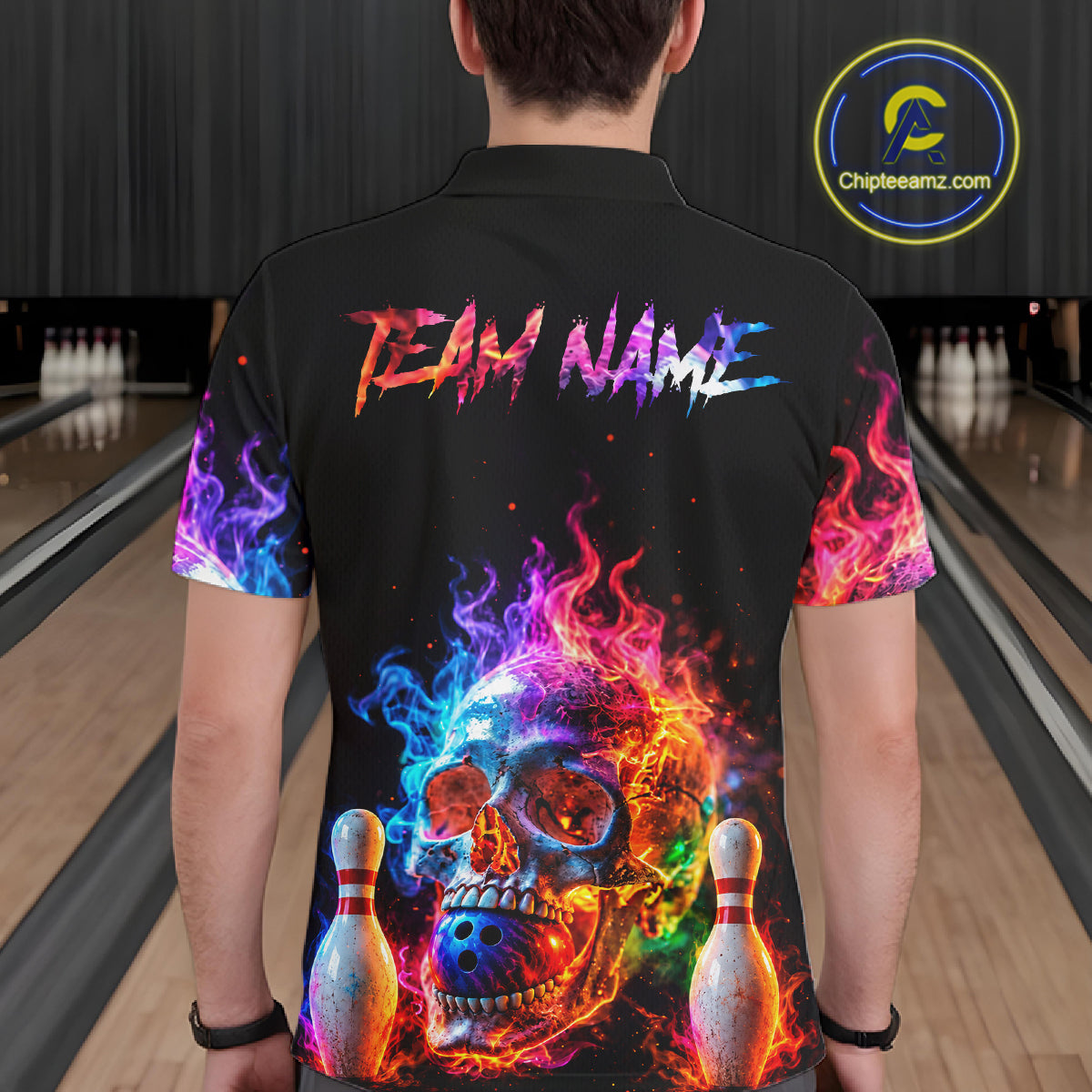 Fire Skull Bowling Team Shirt Personalized Colorful Flame Mens Bowler Polo 1/4-Zip Team Jersey NYN4548