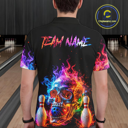 Fire Skull Bowling Team Shirt Personalized Colorful Flame Mens Bowler Polo 1/4-Zip Team Jersey NYN4548