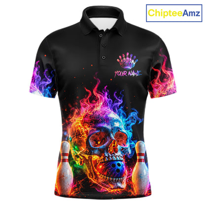 Fire Skull Bowling Team Shirt Personalized Colorful Flame Mens Bowler Polo 1/4-Zip Team Jersey NYN4548