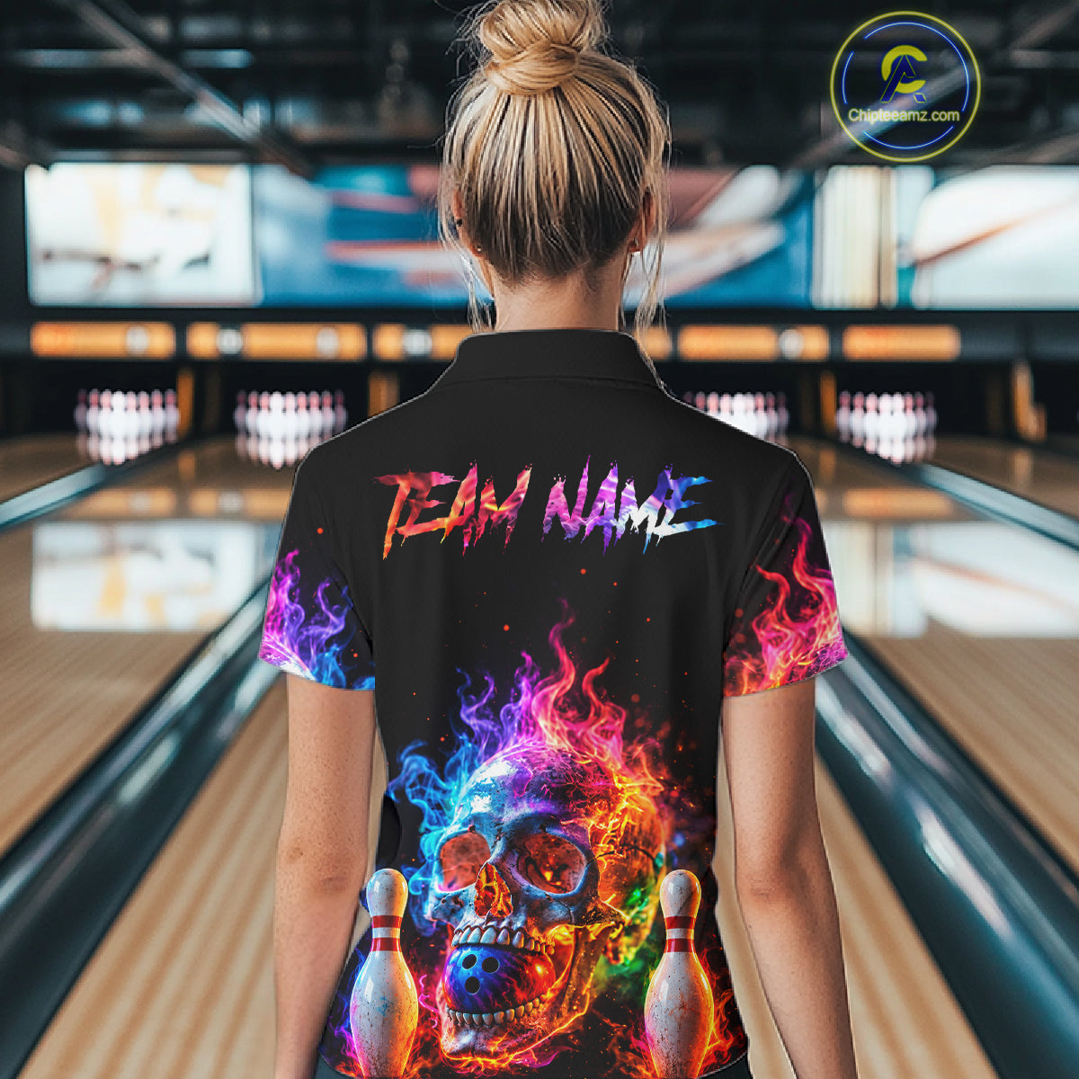 Fire Skull Bowling Team Shirt Personalized Colorful Flame Women Bowler Polo 1/4-Zip Team Jersey NYN4548