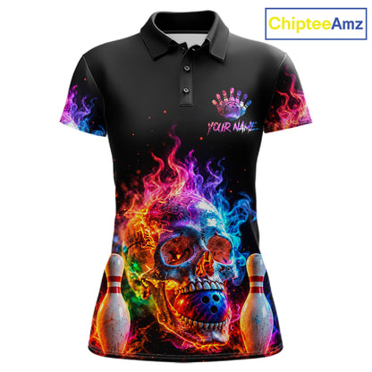 Fire Skull Bowling Team Shirt Personalized Colorful Flame Women Bowler Polo 1/4-Zip Team Jersey NYN4548