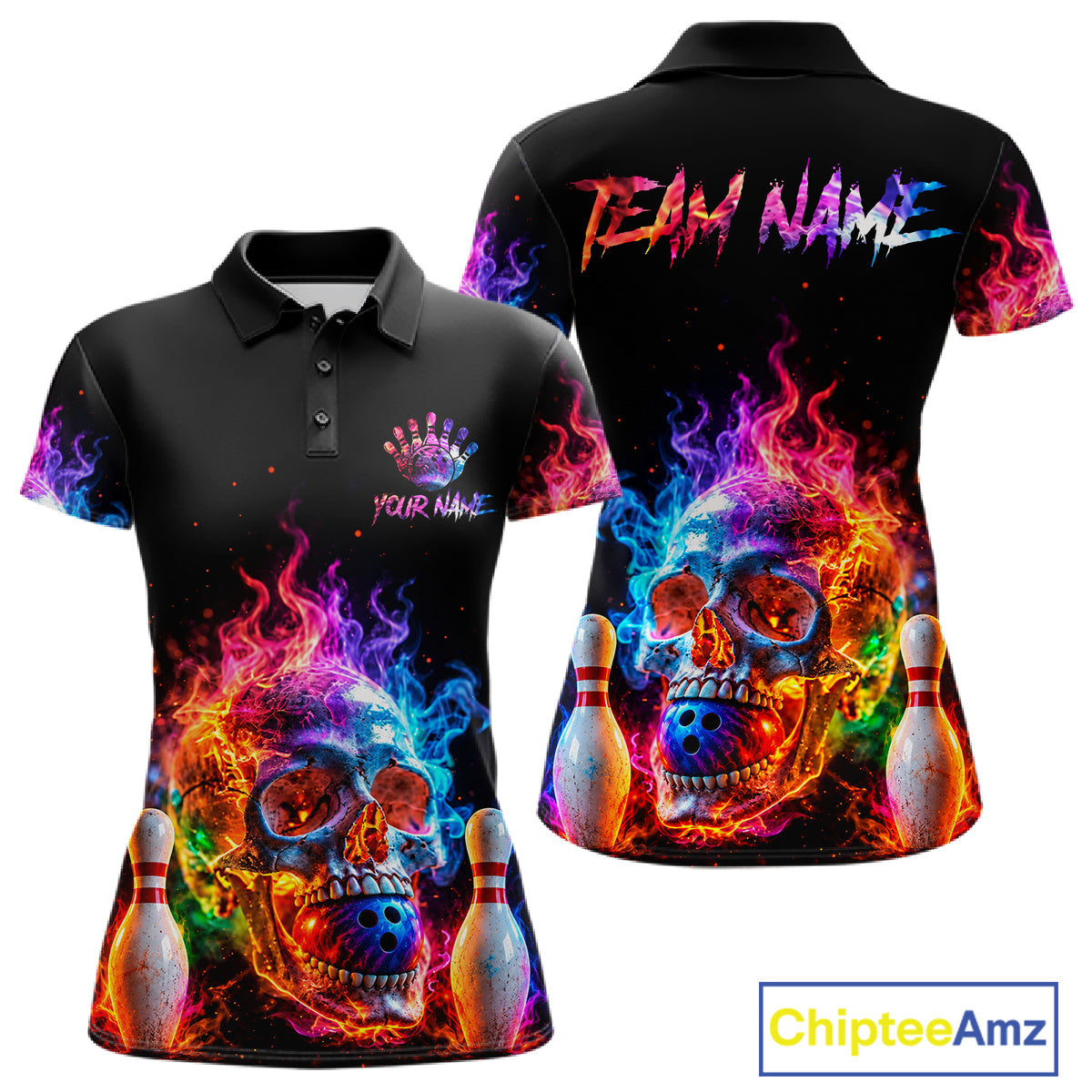 Fire Skull Bowling Team Shirt Personalized Colorful Flame Women Bowler Polo 1/4-Zip Team Jersey NYN4548