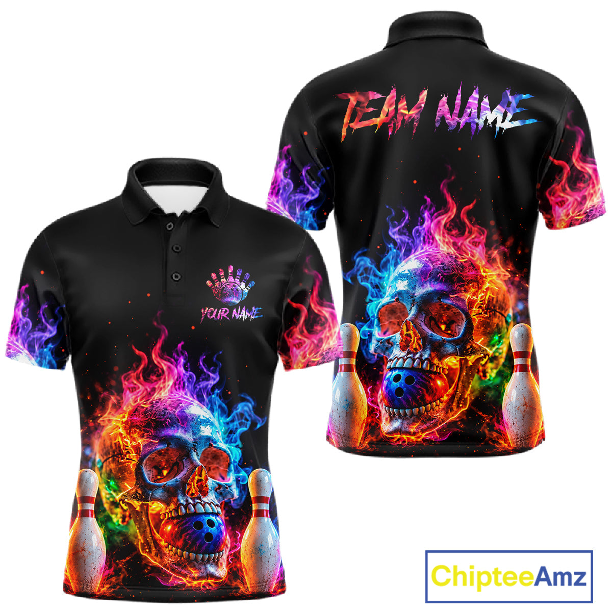 Fire Skull Bowling Team Shirt Personalized Colorful Flame Mens Bowler Polo 1/4-Zip Team Jersey NYN4548