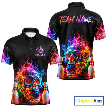 Fire Skull Bowling Team Shirt Personalized Colorful Flame Mens Bowler Polo 1/4-Zip Team Jersey NYN4548