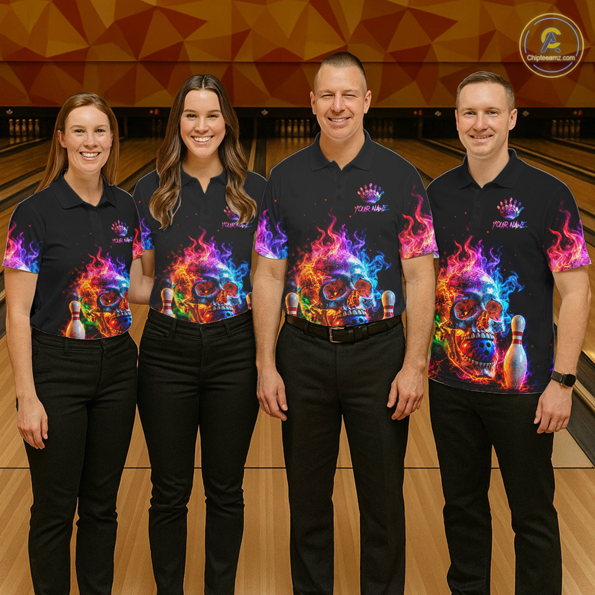 Fire Skull Bowling Team Shirt Personalized Colorful Flame Women Bowler Polo 1/4-Zip Team Jersey NYN4548