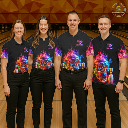 Fire Skull Bowling Team Shirt Personalized Colorful Flame Women Bowler Polo 1/4-Zip Team Jersey NYN4548