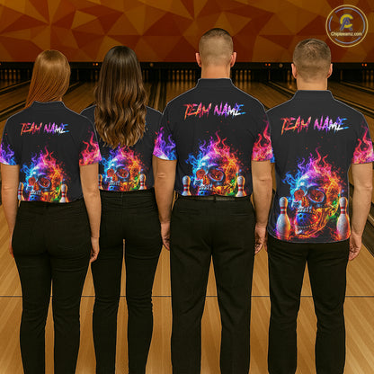 Fire Skull Bowling Team Shirt Personalized Colorful Flame Women Bowler Polo 1/4-Zip Team Jersey NYN4548