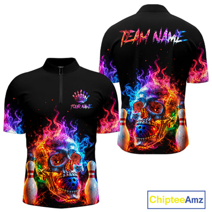 Fire Skull Bowling Team Shirt Personalized Colorful Flame Mens Bowler Polo 1/4-Zip Team Jersey NYN4548