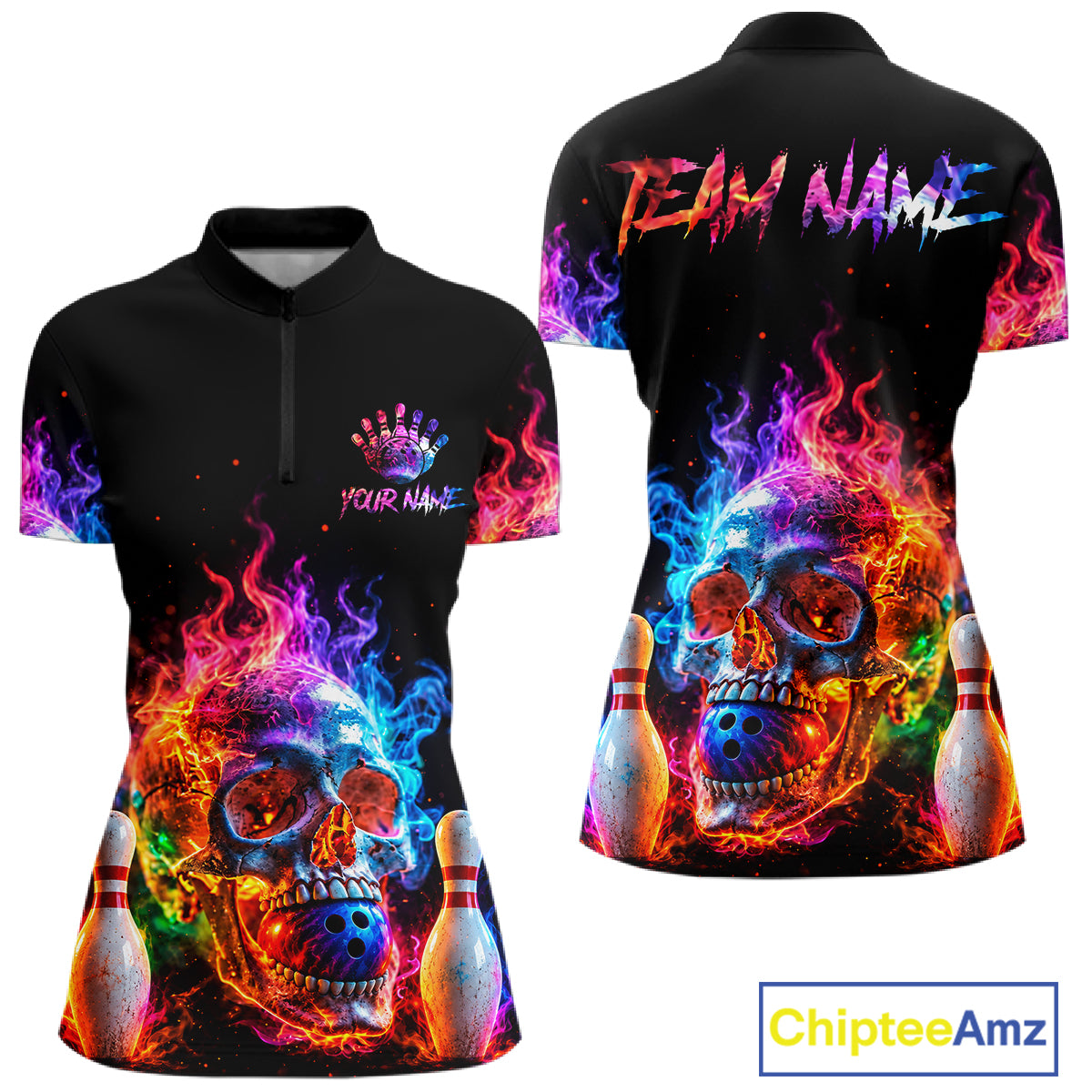 Fire Skull Bowling Team Shirt Personalized Colorful Flame Women Bowler Polo 1/4-Zip Team Jersey NYN4548