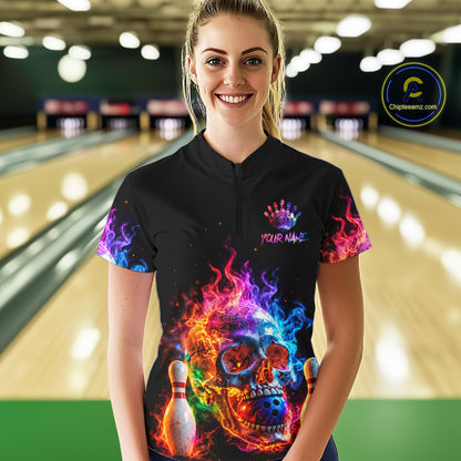 Fire Skull Bowling Team Shirt Personalized Colorful Flame Women Bowler Polo 1/4-Zip Team Jersey NYN4548