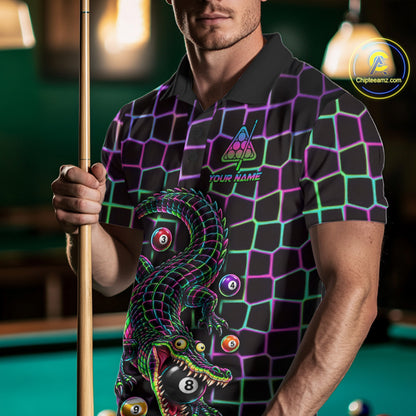 Funny Neon Alligator Pool Polo Shirt For Men Custom Name Billiard Team Jersey 8 Ball Pool Jersey NYN4550