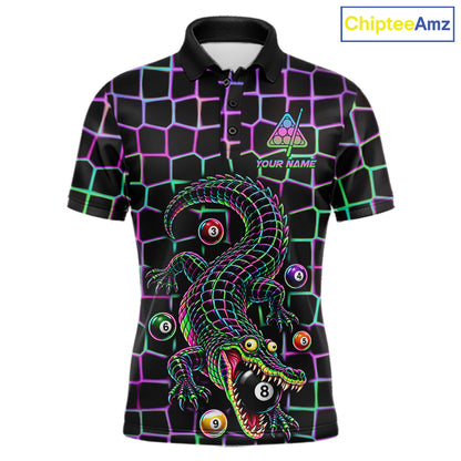 Funny Neon Alligator Pool Polo Shirt For Men Custom Name Billiard Team Jersey 8 Ball Pool Jersey NYN4550