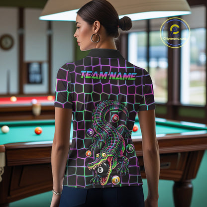 Funny Neon Alligator Pool Polo Shirt For Women Custom Name Billiard Team Jersey 8 Ball Pool Jersey NYN4550