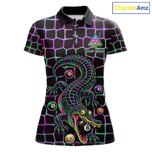 Funny Neon Alligator Pool Polo Shirt For Women Custom Name Billiard Team Jersey 8 Ball Pool Jersey NYN4550
