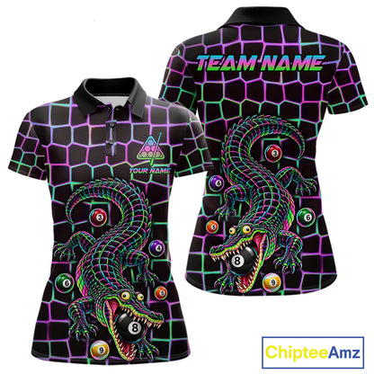 Funny Neon Alligator Pool Polo Shirt For Women Custom Name Billiard Team Jersey 8 Ball Pool Jersey NYN4550