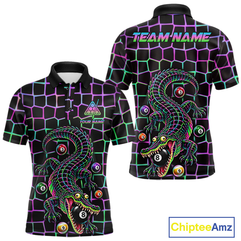 Funny Neon Alligator Pool Polo Shirt For Men Custom Name Billiard Team Jersey 8 Ball Pool Jersey NYN4550