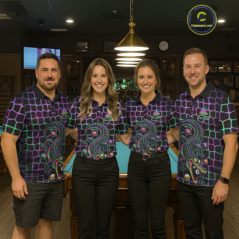 Funny Neon Alligator Pool Polo Shirt For Men Custom Name Billiard Team Jersey 8 Ball Pool Jersey NYN4550