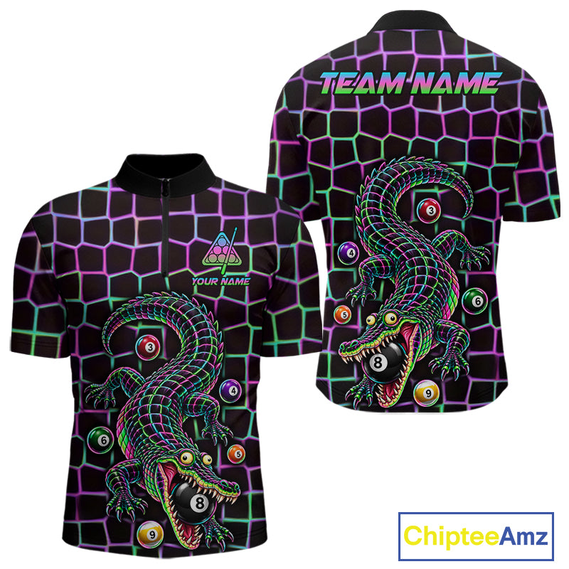 Funny Neon Alligator Pool Polo Shirt For Men Custom Name Billiard Team Jersey 8 Ball Pool Jersey NYN4550