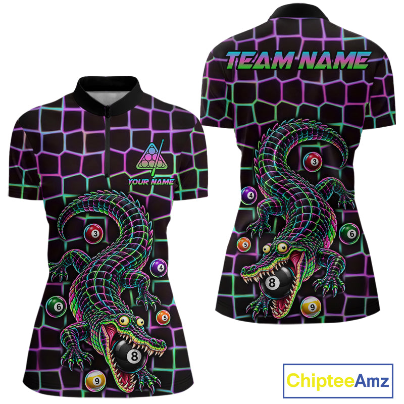 Funny Neon Alligator Pool Polo Shirt For Women Custom Name Billiard Team Jersey 8 Ball Pool Jersey NYN4550