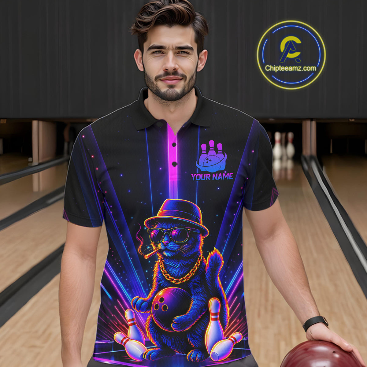 Custom Cool Cat Mens Bowling Polo 1/4-Zip Shirt Personalized Neon Gangster Cat Bowling Jersey NYN4552