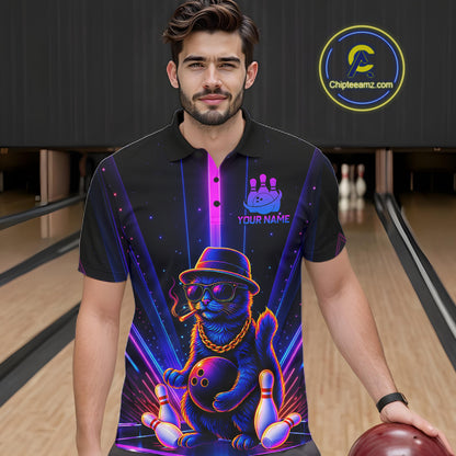 Custom Cool Cat Mens Bowling Polo 1/4-Zip Shirt Personalized Neon Gangster Cat Bowling Jersey NYN4552