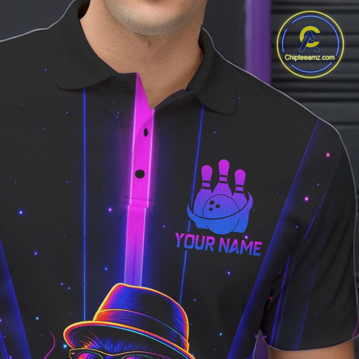 Custom Cool Cat Mens Bowling Polo 1/4-Zip Shirt Personalized Neon Gangster Cat Bowling Jersey NYN4552