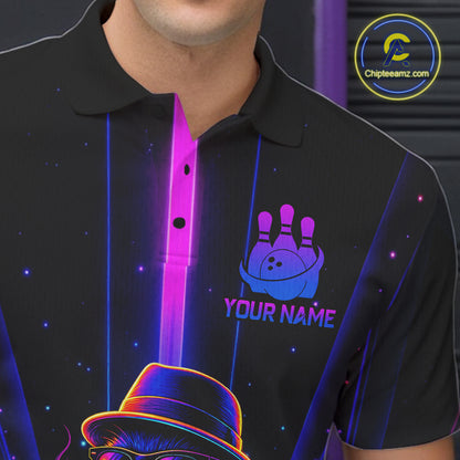Custom Cool Cat Mens Bowling Polo 1/4-Zip Shirt Personalized Neon Gangster Cat Bowling Jersey NYN4552