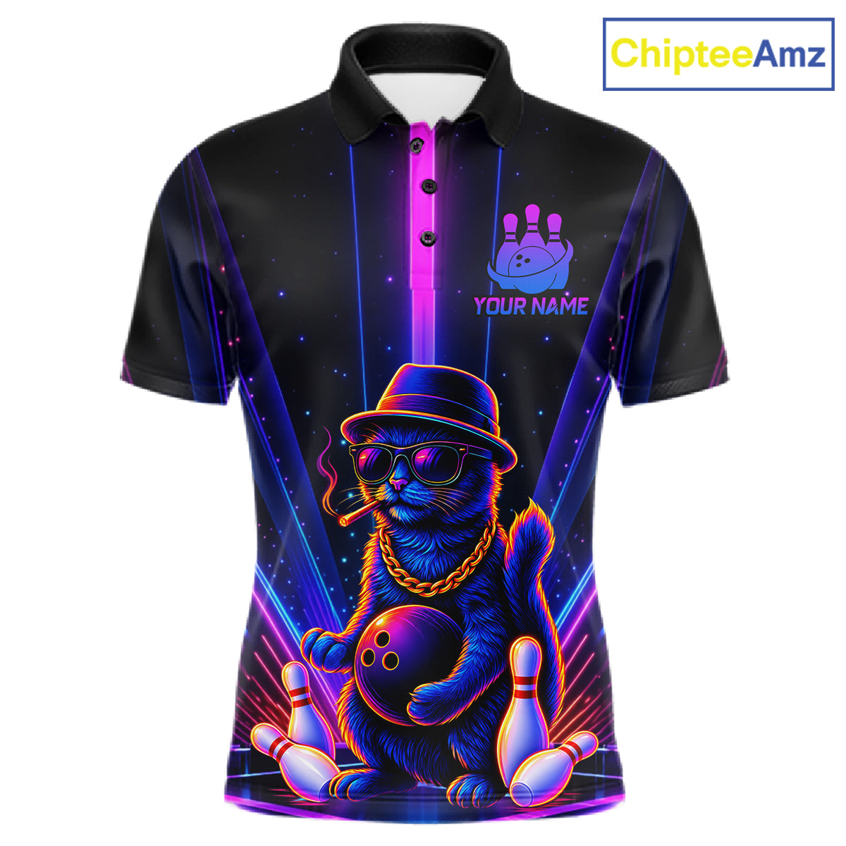 Custom Cool Cat Mens Bowling Polo 1/4-Zip Shirt Personalized Neon Gangster Cat Bowling Jersey NYN4552