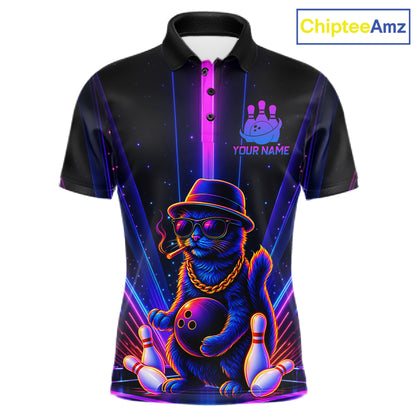 Custom Cool Cat Mens Bowling Polo 1/4-Zip Shirt Personalized Neon Gangster Cat Bowling Jersey NYN4552