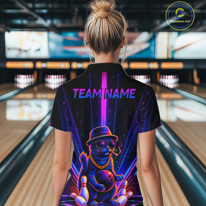 Custom Cool Cat Women Bowling Polo 1/4-Zip Shirt Personalized Neon Gangster Cat Bowling Jersey NYN4552