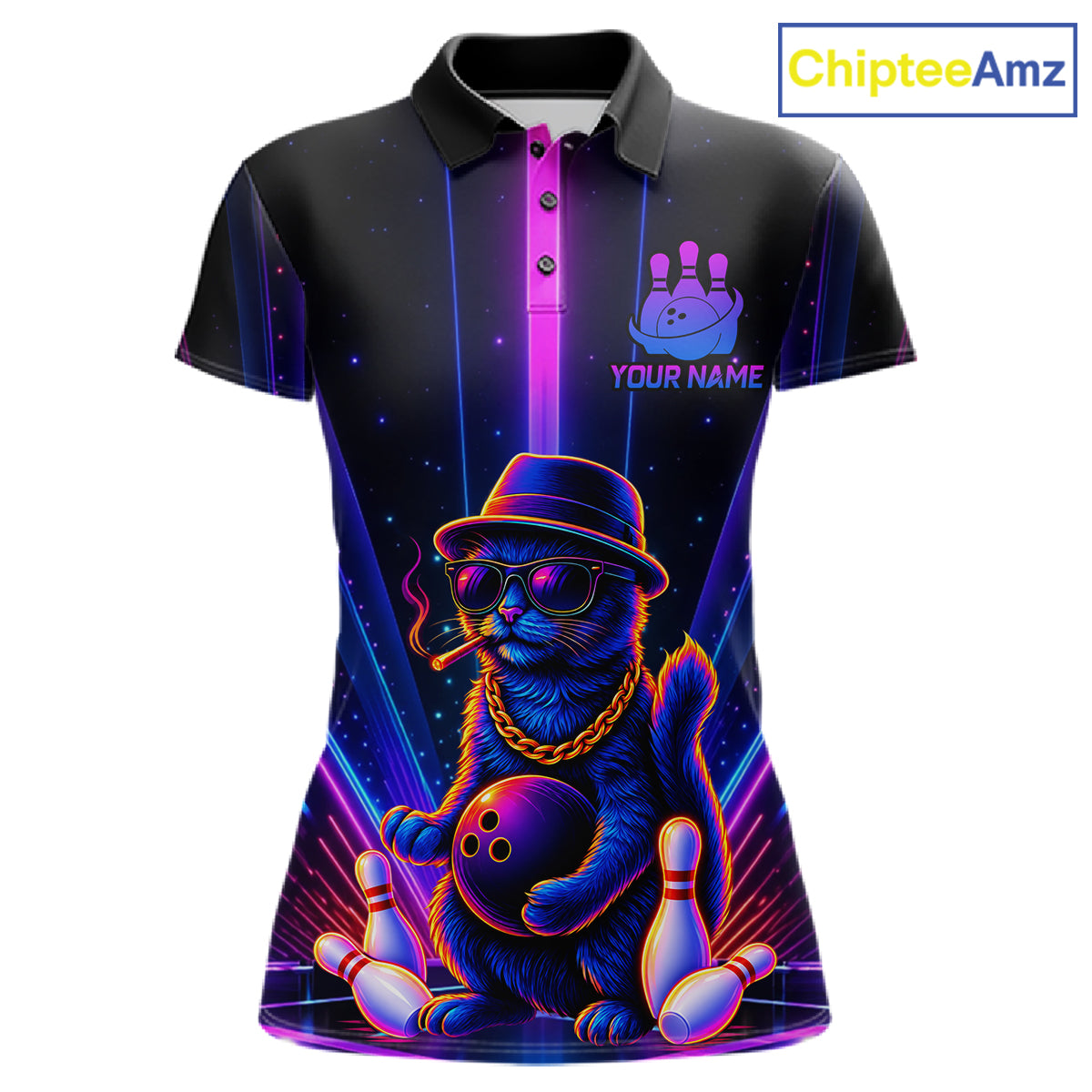 Custom Cool Cat Women Bowling Polo 1/4-Zip Shirt Personalized Neon Gangster Cat Bowling Jersey NYN4552