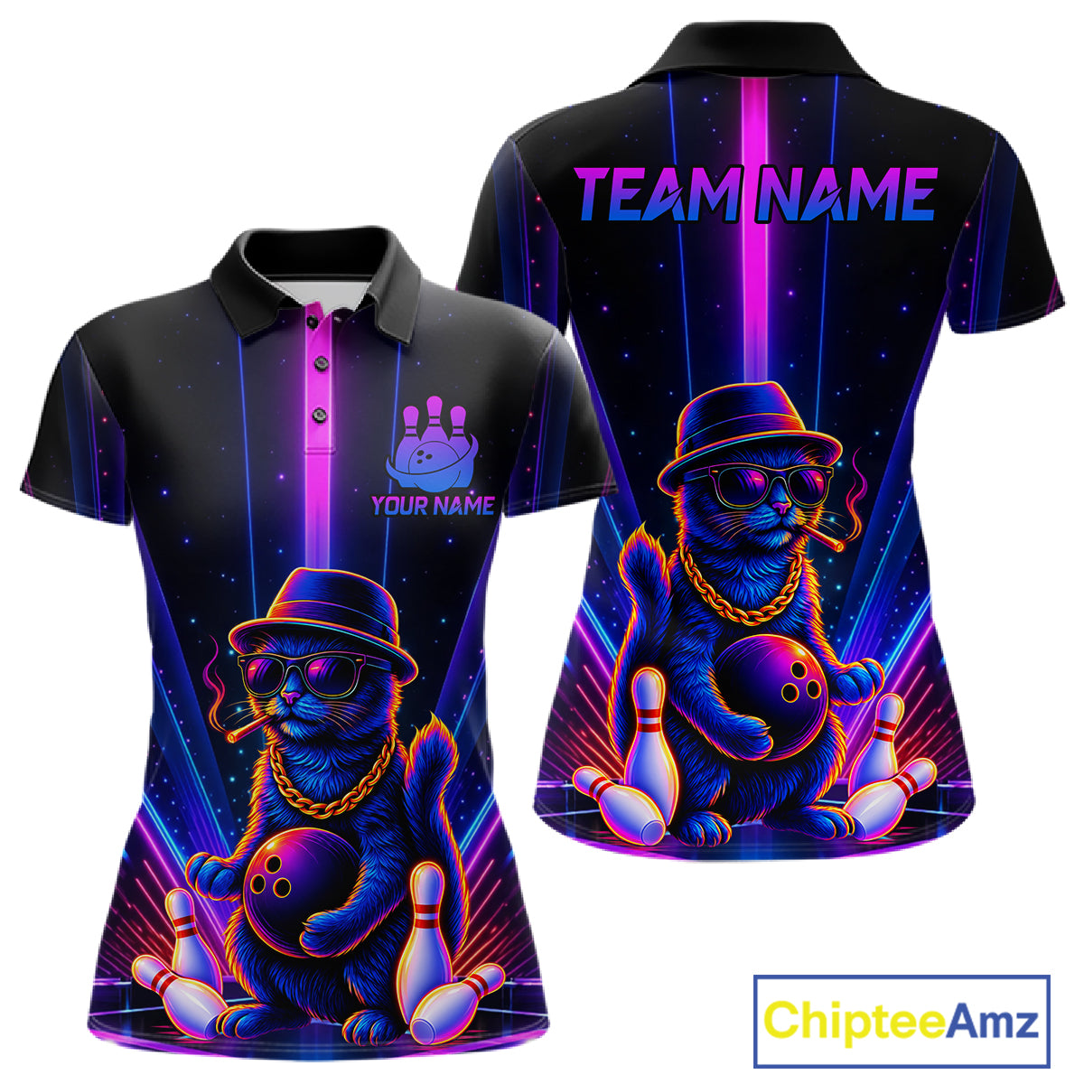 Custom Cool Cat Women Bowling Polo 1/4-Zip Shirt Personalized Neon Gangster Cat Bowling Jersey NYN4552