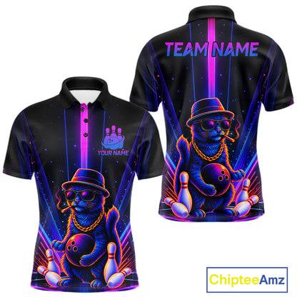 Custom Cool Cat Mens Bowling Polo 1/4-Zip Shirt Personalized Neon Gangster Cat Bowling Jersey NYN4552
