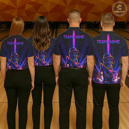 Custom Cool Cat Women Bowling Polo 1/4-Zip Shirt Personalized Neon Gangster Cat Bowling Jersey NYN4552