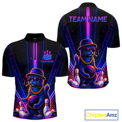 Custom Cool Cat Mens Bowling Polo 1/4-Zip Shirt Personalized Neon Gangster Cat Bowling Jersey NYN4552