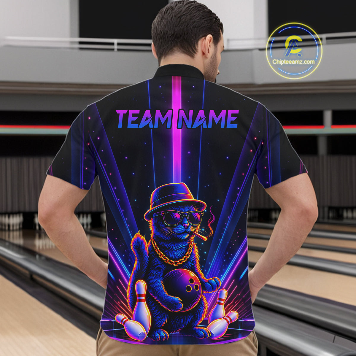 Custom Cool Cat Mens Bowling Polo 1/4-Zip Shirt Personalized Neon Gangster Cat Bowling Jersey NYN4552