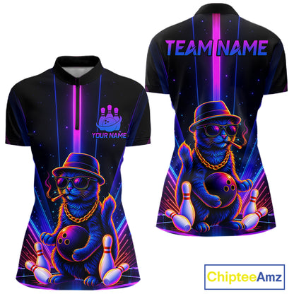 Custom Cool Cat Women Bowling Polo 1/4-Zip Shirt Personalized Neon Gangster Cat Bowling Jersey NYN4552