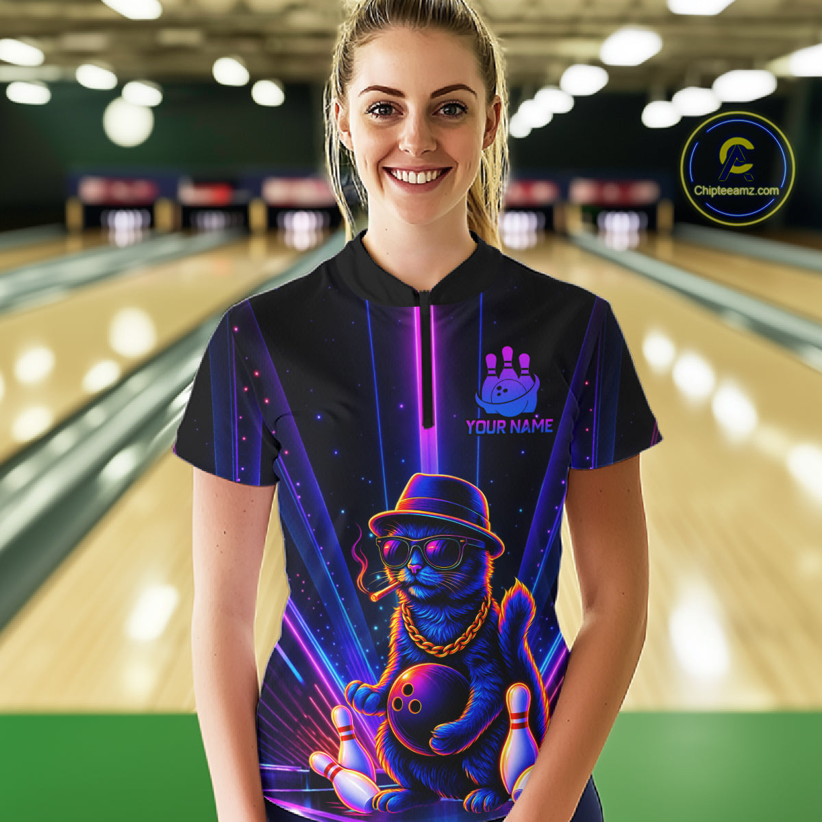 Custom Cool Cat Women Bowling Polo 1/4-Zip Shirt Personalized Neon Gangster Cat Bowling Jersey NYN4552