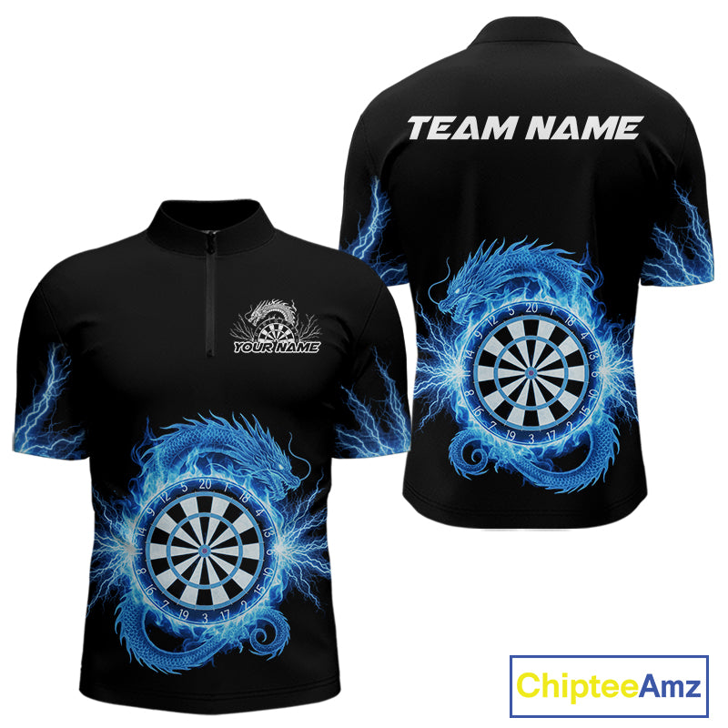 Custom Dragon Lighting Blue Dartboard Dart Quarter-Zip Jerseys For Men Dart Team Shirt NYN1723