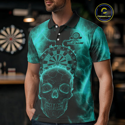Custom Turquoise Skull Lightning Dartboard Dart Polo Jerseys For Men Outfits Dart Shirts NYN1729